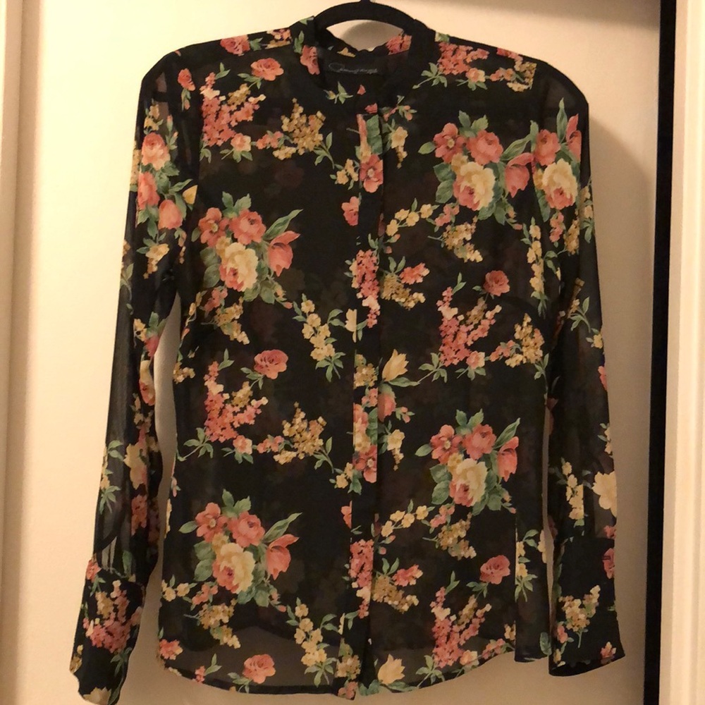 Patterson J Kincaid lightly worn, black sheer floral button up top, sz small